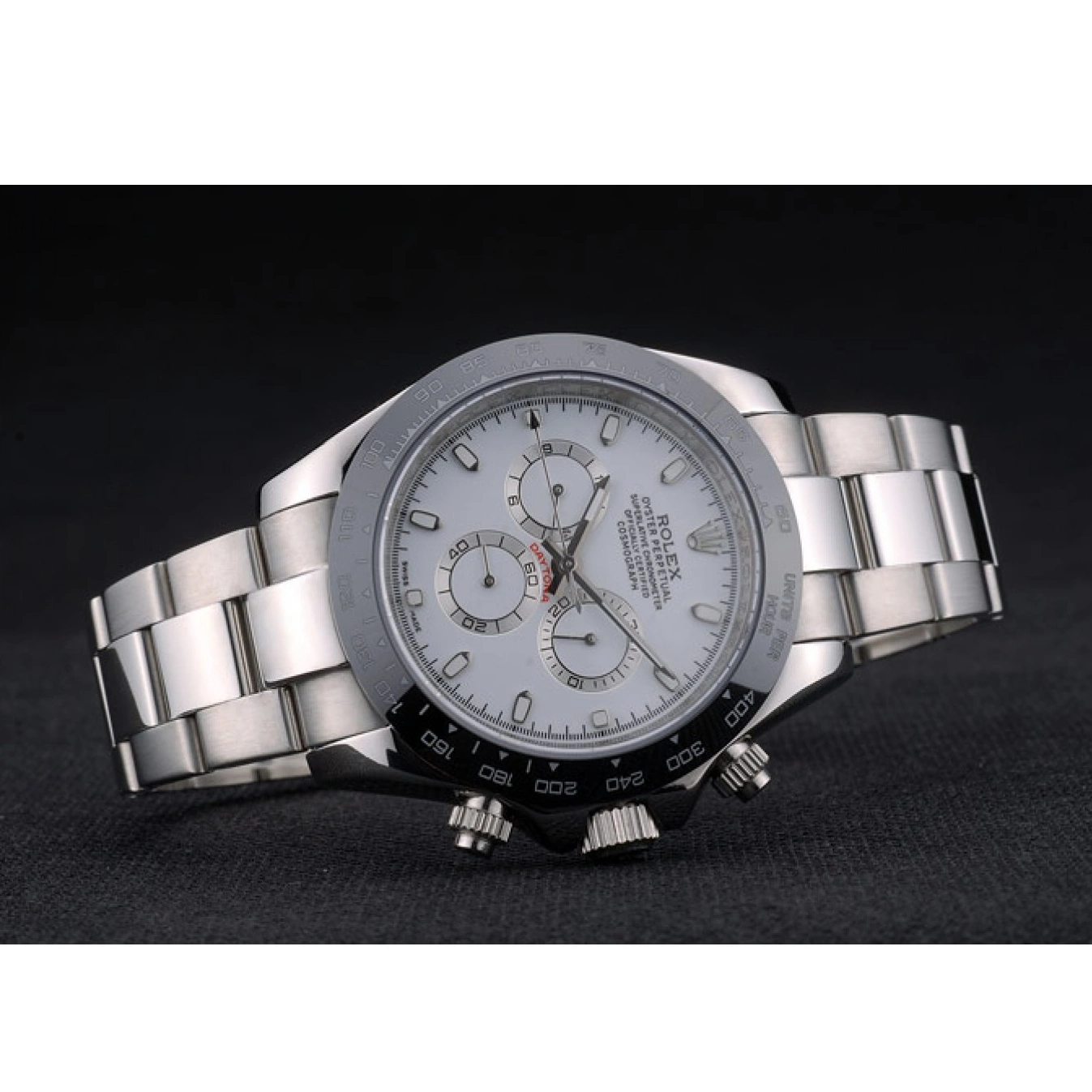 AAA replica watch Rolex 80249 Steep White Daytona Tachymeter Ceramic Stainless Black Dial Strap 0615